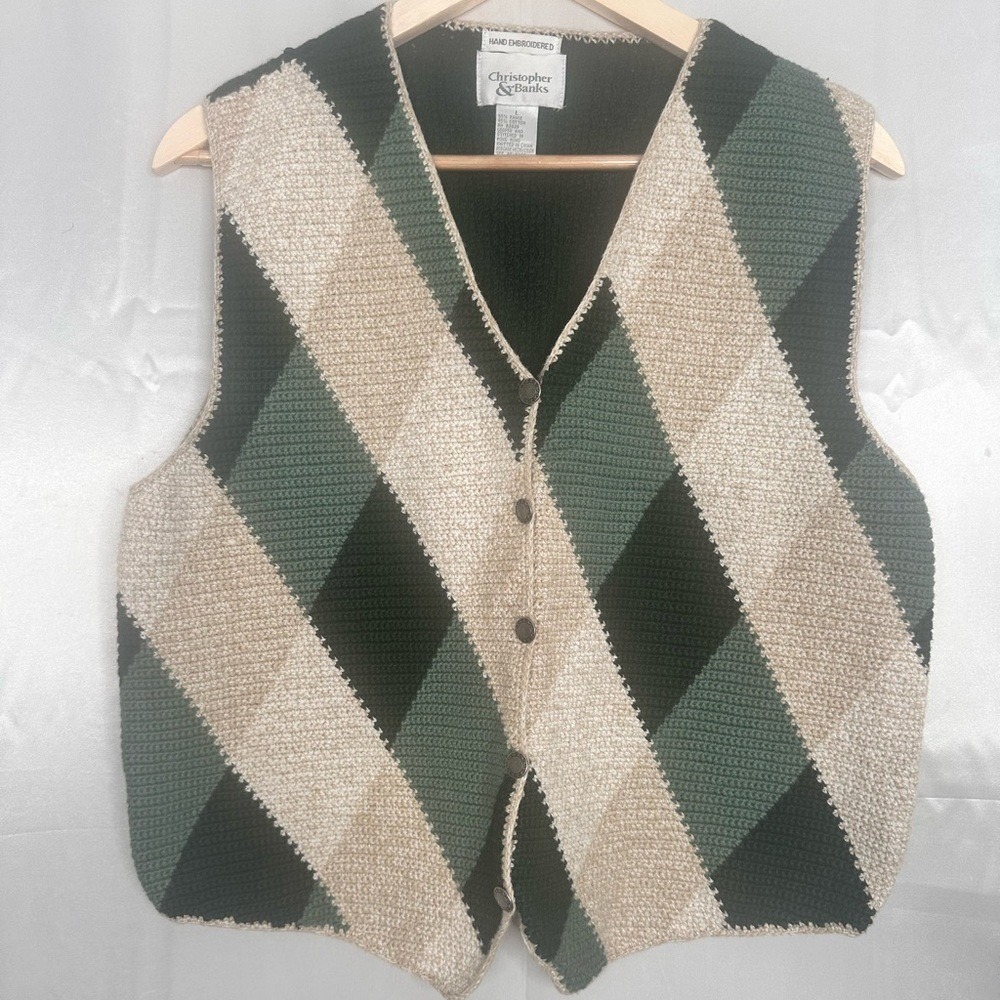 Christopher & Banks Hand Embroidered Argyle Vest Green Tan Beige Size Large
